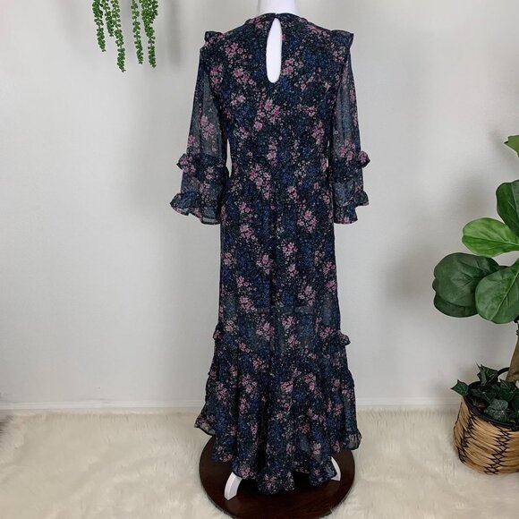 AE Studio S Black Floral Print High Neck Dress Cottagecore Whimsigoth - Picture 2 of 7